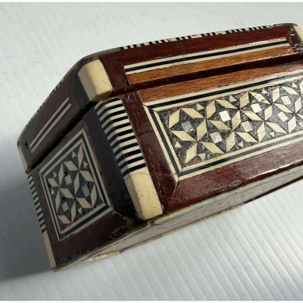 Vintage Egyptian Handmade Wood Jewelry Box Hexagon Mother of Pearl Inlay Mosaic